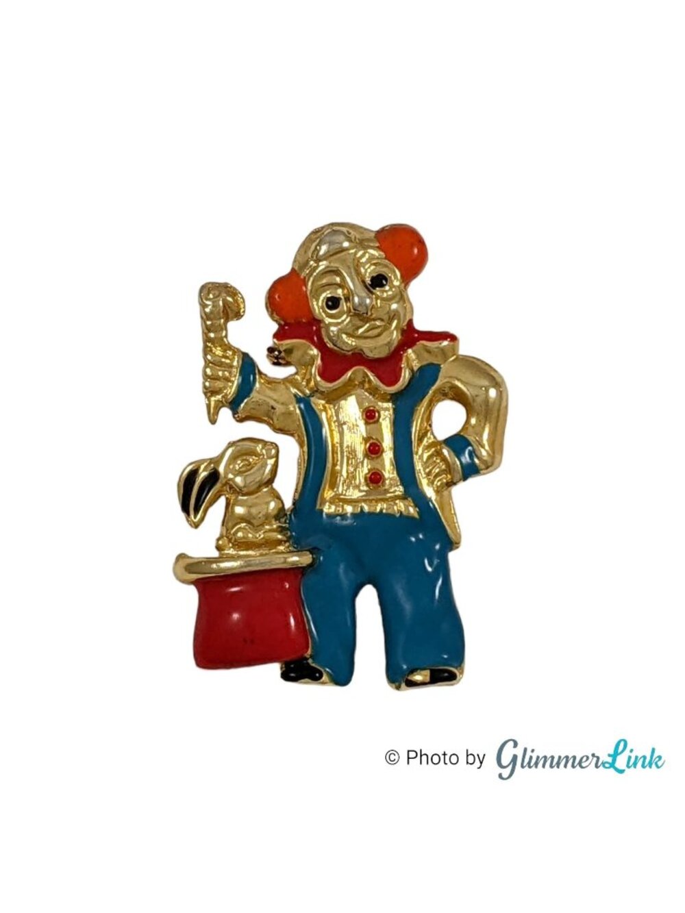 Vintage ELLE Magician Clown Rabbit Brooch Enamel Gold Tone Signed